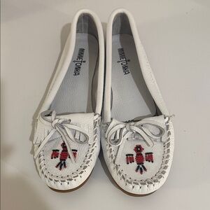 Minnetonka White Moccasins with Red Bird Design
